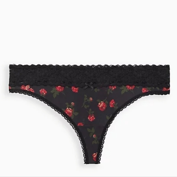 WIDE LACE TRIM THONG PANTY - COTTON ROSES BLACK - Picture 1 of 3